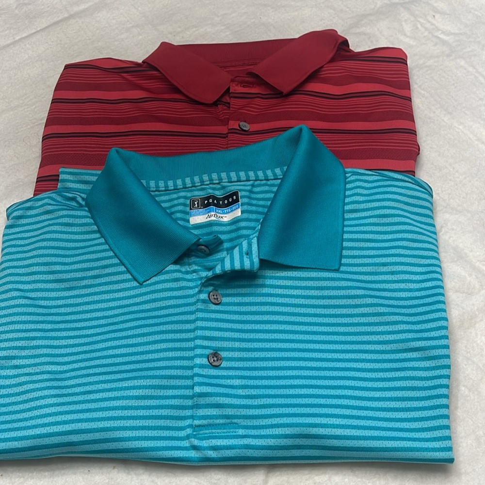 Two XXL PGATour golf shirts one blue  and one red stripe two for one price $25